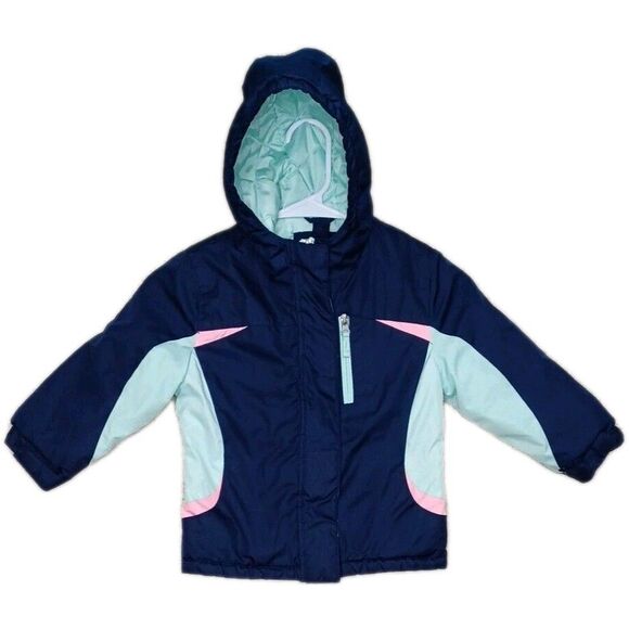 Other - Healthtex 3T Girls Puffy Jacket Pink Blue Hooded Coat Double Zipper 2-Way Zip